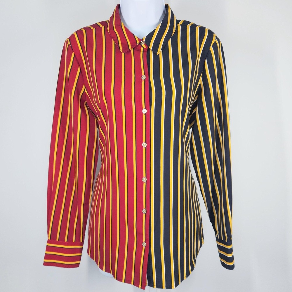 Tommy Hilfiger Blouse Womens Medium Red Blue Yellow Striped Belted Button Up